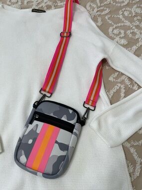NWT Parker & Hyde Striped Camouflage Crossbody Bag with Pink-Orange Strap